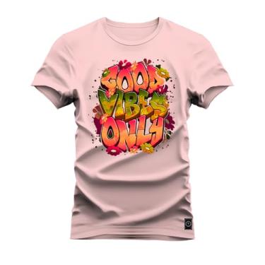 Imagem de Camiseta Casual 100% Algodão Estampada Good Viber Only Rosa M