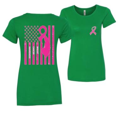 Imagem de Camiseta feminina com estampa da bandeira americana de conscientização do câncer de mama frente e costas, Kelly Green, M