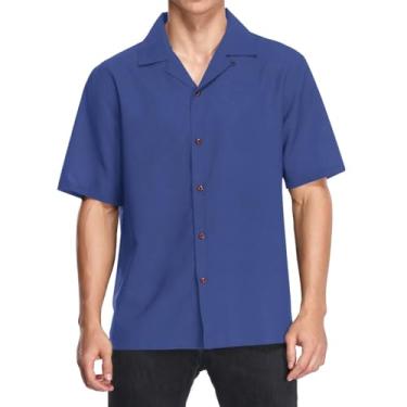 Imagem de Camisas havaianas masculinas folgadas com colarinho de botão camisa casual manga curta Aloha Beach Shirt, Azul mineral escuro, P