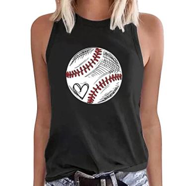Imagem de Tops de verão para mulheres 2023 Crewneck sem mangas estampa de beisebol gráfico solto ajuste túnica blusas casuais Esporte Pescoço redondo feminino de curta Coração O94-Preto Large