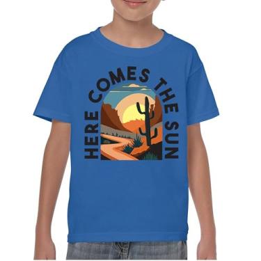 Imagem de Camiseta juvenil Here Comes The Sun retrô boho cacto canyon nascer do sol vintage viagem hippie verão anos sessenta sul crianças, Azul, GG