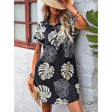 Imagem de Camisa Feminina Tropical Print Batwing Sleeve Shirt Dress (Color : Black and White, Size : L)