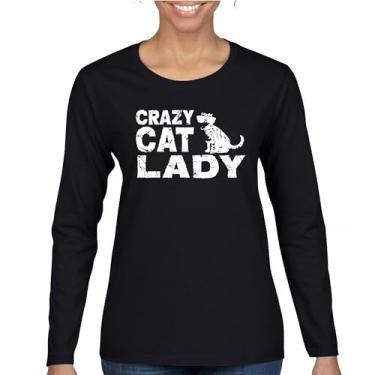 Imagem de Crazy Cat Lady Camiseta feminina manga longa divertida amante de gatinhos animais de estimação mãe feline rainha miau gatos humor mamãe sarcástica, Preto, P