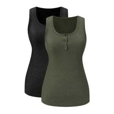 Imagem de Floerns Camiseta regata feminina 2 peças plus size malha canelada meio botão gola canoa, Preto e verde, 4G Plus Size