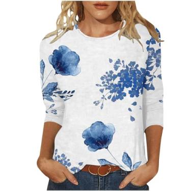 Imagem de Blusa feminina de manga 3/4 para sair com estampa de flores, camisetas soltas, gola redonda, confortável, leve, Azul, G