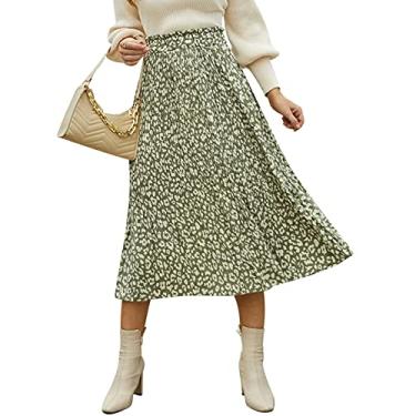 Imagem de EXLURA Saia feminina de cintura alta plissada de bolinhas midi saia rodada praia férias cruzeiro roupas com bolsos, Leopardo verde, P