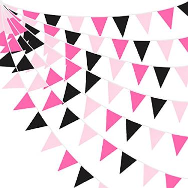 Imagem de Faixa de bandeiras de algodão rosa choque de 9,5 m em tecido com bandeira triangular, guirlanda de algodão para Minnie Mouse, aniversário, casamento, festa, casa, berçário ao ar livre, jardim, decoração de festivais (36 peças)