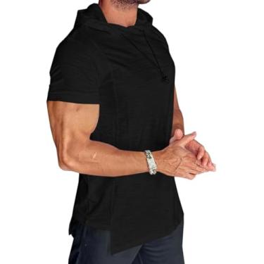 Imagem de Runcati Camiseta masculina casual com capuz manga curta moletom de treino de verão pulôver de malha de algodão, Preto, XXG