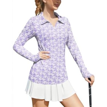 Imagem de Namatime Camisa polo feminina, manga comprida, gola V, secagem rápida, leve, golfe, tênis, corrida, treino, atlética, 05_flor roxa, M