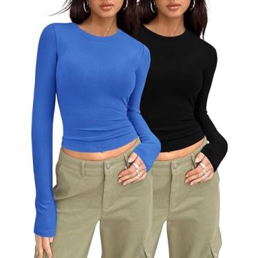 Imagem de MASCOMODA Camisetas femininas de manga comprida para sair, pacote com 2, camisetas básicas casuais de malha canelada, justas, gola redonda, Azul royal, preto, P