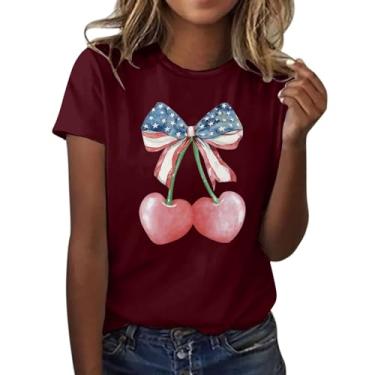 Imagem de Camiseta feminina Dia da Independência com estampa de laço de cereja e coração blusa de manga curta gola redonda 4 de julho, Vinho, GG