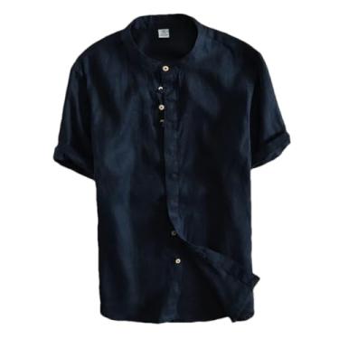 Imagem de Camisetas masculinas de verão de manga curta de linho slim estilo fino casual branco sólido roupas masculinas vintage, 3310 Azul marinho, GG