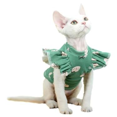 Imagem de UOSIA Sphynx Roupas de gato Camisa fofa de verão para gatinhos Camisa de algodão sem pêlos Colete de gato pulôver de gato com mangas de babado para Sphynx, Cornish Rex, Devon Rex