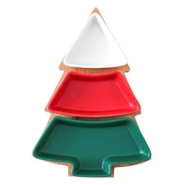 Imagem de Conjunto de pratos coloridos para árvore de Natal, prato de lanche de cerâmica de 30 cm com bandeja de bambu, aperitivo de árvore de Natal de porcelana removível, sobremesa, frutas, salada, pires,