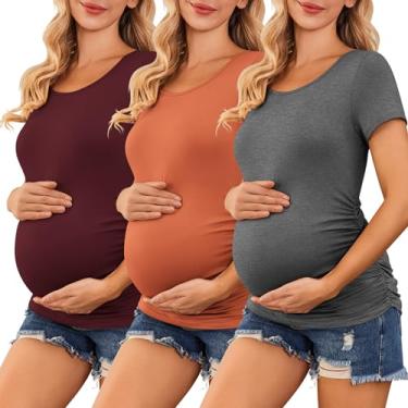 Imagem de Ekouaer Camisetas femininas para gestantes 3 pacotes lateral franzida camiseta túnica blusa casual mamãe roupas P-GGG, 3 peças - caramelo + vinho + cinza escuro, GG