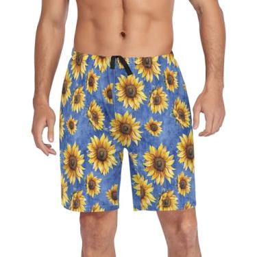 Imagem de CHIFIGNO Shorts de pijama masculinos, shorts de dormir atléticos casuais, shorts de pijama elástico com bolsos e cordão, Girassóis amarelos em azul-3, P