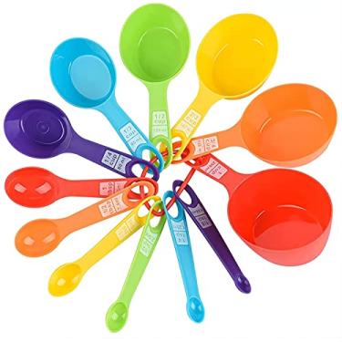 Imagem de Conjunto de 12 copos medidores de plástico e colheres, copos medidores coloridos com 6 e colheres medidoras de plástico com 6, colher de copo medida arco-íris para assar e cozinhar