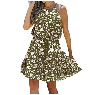 Imagem de Vestidos femininos frente única aberta nas costas para mulheres sem mangas midi praia recorte havaiano vestidos franzidos 2024, I-475 Verde limão, XXG