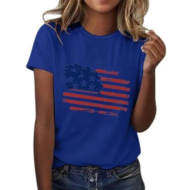 Imagem de Camiseta feminina moderna casual com bandeira do Dia da Independência estampada gola redonda manga curta camiseta xadrez para mulheres, Azul, 3G
