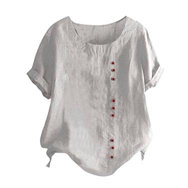 Imagem de Lainuyoah Camisetas femininas de verão para férias de 2024 gráfico 2024 blusa moderna primavera gola redonda botão boho linho túnica, C - Cinza, M