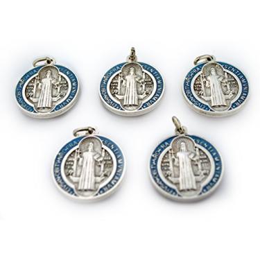 Imagem de Medalha de São Bento com esmalte azul e vermelho | Santo Padroeiro dos Estudantes e da Europa | Ótimo presente católico para a primeira comunhão e confirmação | Feito na Itália (lote de 5)