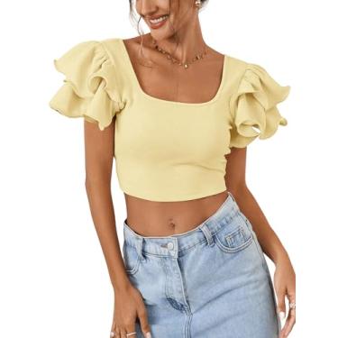 Imagem de MakeMeChic Camiseta feminina floral de verão com babados, sem mangas, costas nuas, cropped, Amarelo liso, M