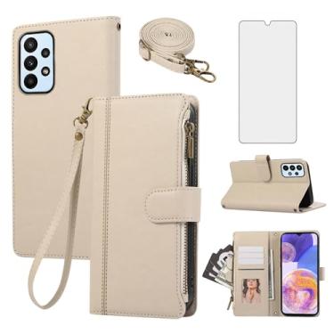 Imagem de Asuwish Capa de celular para Samsung Galaxy A23 5G/4G carteira com zíper capa celular com protetor de tela de vidro temperado alça transversal cordão flip porta-cartão de crédito couro A 23 23A 6,6