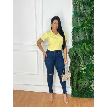 Imagem de T-Shirt Feminina Decote Gola V Amarelo Bebê - Donna Rica Modas