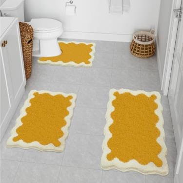 Imagem de Uphome Conjunto de tapetes de banheiro amarelos, antiderrapantes, fofos, conjuntos de 3 peças com contorno em forma de U, absorventes de microfibra, tapetes de banho laváveis e divertidos, tapetes
