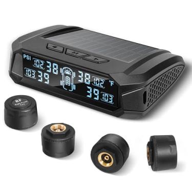 Imagem de Masoll Sistema de monitoramento de pressão de pneu RV, sistema de monitor de pressão de pneu TPMS sem fio com carregador solar, RV TPMS com 4 sensores de pressão de pneu e 6 modos de alarme (0-87 PSI)