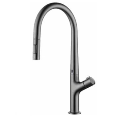 Imagem de Torneira de cozinha cinza com pistola de latão inteligente, design de indução, alça única removível, controle duplo de água fria e quente, torneira de pia de 2 funções, cinza escovado