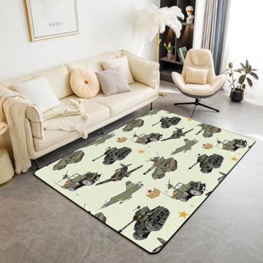 Imagem de Manfei Tapete para ambientes internos com tema de guerra, 1,5 x 1,80 m, camuflado, tanque, avião, avião, graffiti, crianças, adultos, tapetes para decoração de casa, verde exército, veículos vintage,