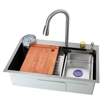 Imagem de Cuba Cozinha Gourmet Premium Cascata Com Torneira Lavador Copos Aço Inox 201 Cromado