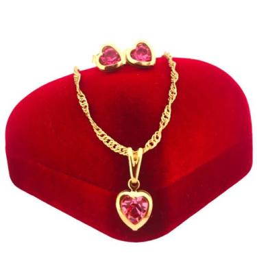 Imagem de Conjunto Colar e Brinco Coração Rosa Zircônia Banhado a Ouro 18k - Din