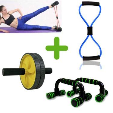 Imagem de Kit Treine Em Casa Rodinha de Abdominal + Barra De Apoio + Elástico De