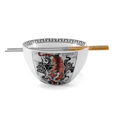 Imagem de Hagary Tigre Ramen tigela com pauzinhos tigela de cerâmica hashis de aço inoxidável estilo japonês Udon Miso tigelas de sopa de macarrão projetado na Coreia 600 ml 600 ml 590 ml