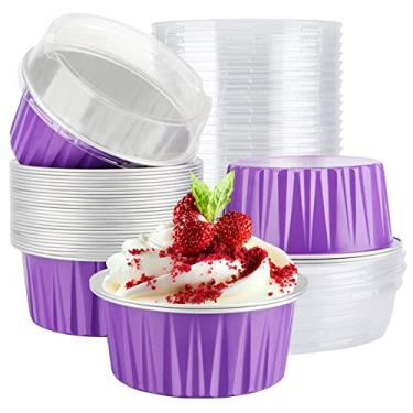 Imagem de EUSOAR – Forma de bolo de alumínio descartável, 30 peças, 142 g, forros de cupcake de alumínio descartáveis, copos de sobremesa com tampas, mini forma de cheesecake de alumínio, creme Brulee Ramekins – lavanda