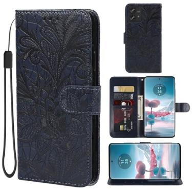 Imagem de Gufuwo Capa para Motorola Edge 40 Neo, capa carteira Moto Edge 40 Neo XT2307-1, capa de celular flip de couro PU com flor de renda para celular para Motorola Edge 40 Neo 5G azul escuro