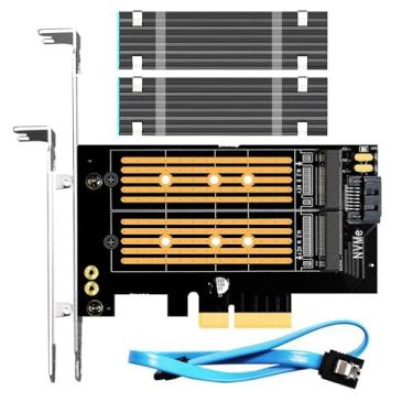Imagem de GLOTRENDS Adaptador PCIe duplo M.2 X4 para um SSD M.2 PCIe e um SSD M.2 SATA, suporta inicialização de SO a partir de SSD M.2 PCIe ou M.2 SATA SSD, incluindo 2 x dissipador de calor e almofada térmica M.2 e parafusos M.2 (PA12-HS)