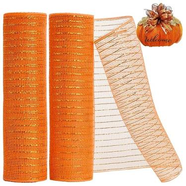 Imagem de TONIFUL 2 rolos de malha decorativa laranja de 25 cm, malha de tecido com folha para suprimentos de grinalda, guirlanda de porta da frente, decoração de árvore de Natal, Dia das Bruxas, Ação de Graças