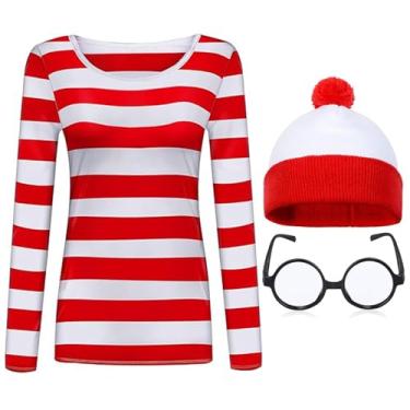 Imagem de Camiseta masculina feminina listrada vermelha e branca manga longa nerd óculos chapéu chapéu traje engraçado cosplay, Feminino, XXG