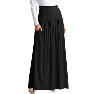 Imagem de Saias maxi para mulheres, comprimento até o tornozelo, saia longa, casual, cintura alta, saia longa e plus size, Preto, P