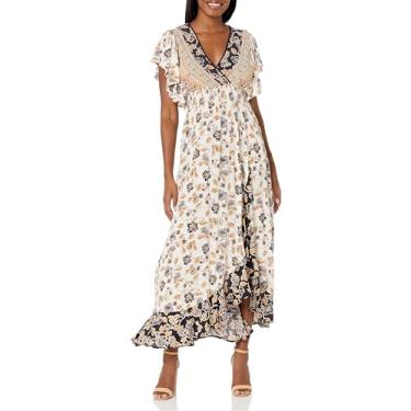 Imagem de Angie Vestido maxi feminino com decote em V e mangas com babados, Branco-cinza, M