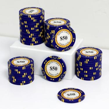 Imagem de JIESITE Fichas de pôquer de argila de 14 gramas Monte Carlo fichas de pôquer de grau de cassino fichas numeradas para Texas Hold'em, Blackjack Poker Games Pacote com 50 peças (E $50)