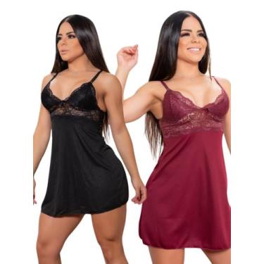 Imagem de KIT 2x Camisola Feminina Com Renda E Calcinha Sexy Sedução - Ninfrodit