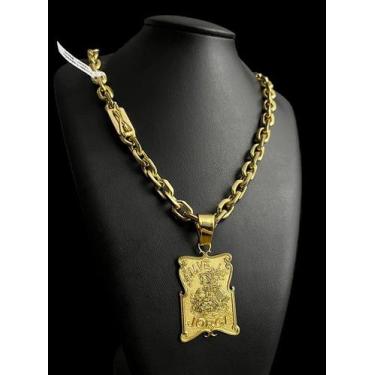 Imagem de Cordão cadeado 12mm + pingente salve jorge - banhado a ouro - ToJoia18