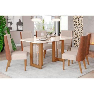 Imagem de Kit 6 Cadeiras Sala Jantar Yara SC79 Tampo Madeirado c/ Vidro Canto Curvo 160x90cm e 6 Cadeiras Anne Nature/Courano/Linho - Henn