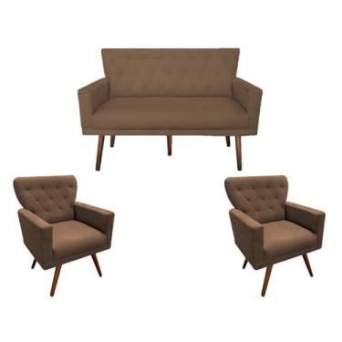 Imagem de Kit Namoradeira + 2 Poltronas Decorativa Aurora Suede Marrom Pés Madei