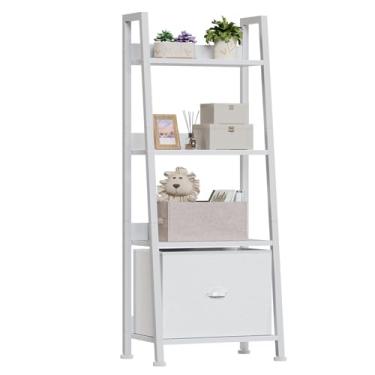 Imagem de Furologee Prateleira de escada branca de 4 camadas, estante de livros com gaveta removível, organizador de estante de livros, prateleiras de armazenamento independentes para sala de estar, escritório