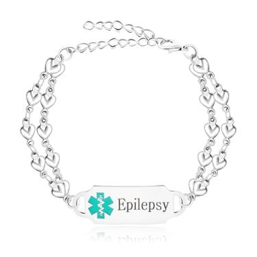 Imagem de JunyiDIY Pulseira médica ajustável à prova d'água, fileira dupla, pulseiras de alerta médico, joias de identificação de emergência cardíaca para mulheres YA5198, Adjustable, Aço inoxidável, Sem Pedra